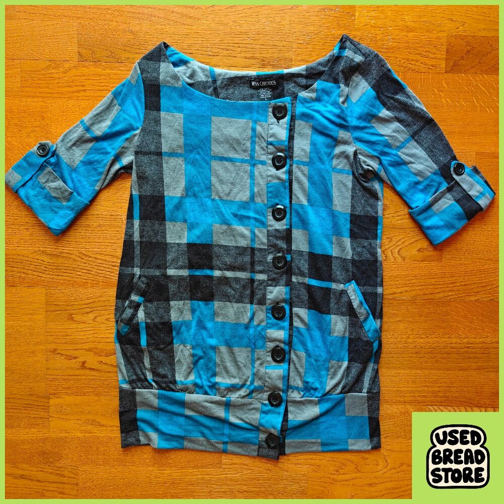 Vintage Y2K Miss Chievous Button Up Top Blue Tartan Boat Neck Large Cotton Blend